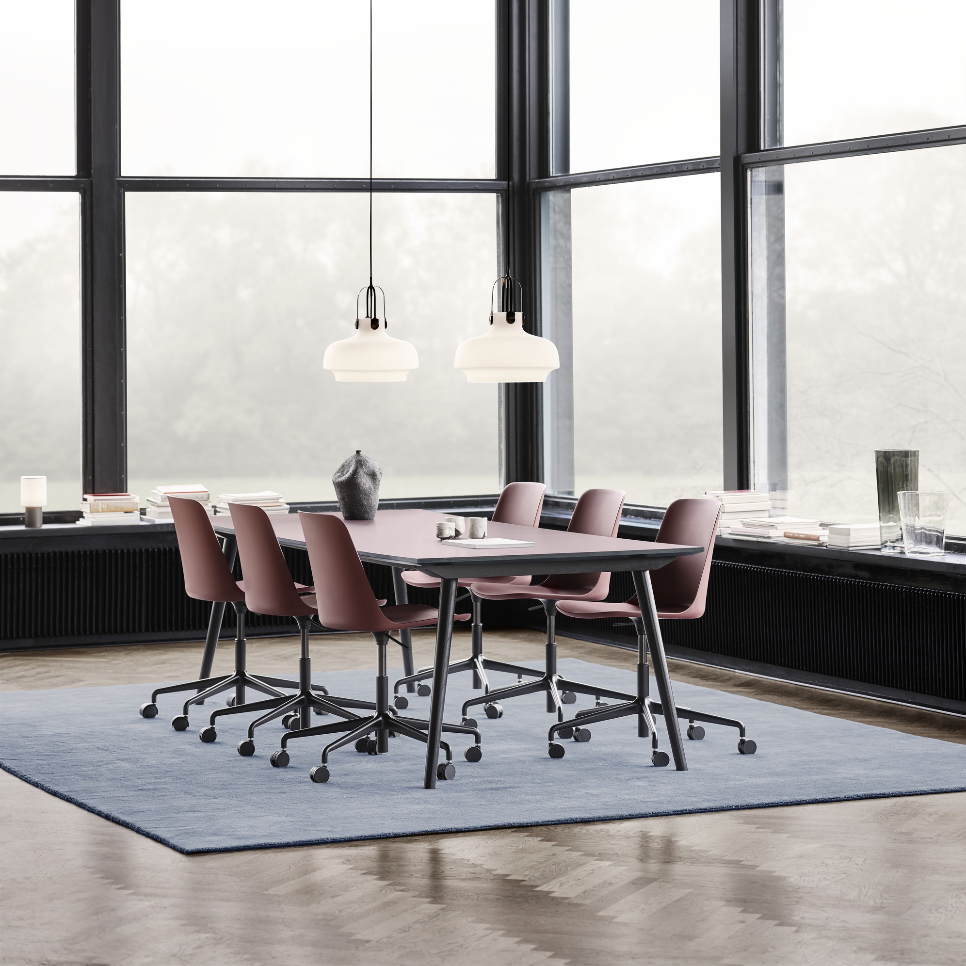 Rely HW28 in Black w. Red Brown I The Moor AP7 w. Grey-Blue Thunder I Copenhagen SC7 w. Opal Glass I In Between SK6 in Black Lacquered Oak w. MTO 0751 Rosso Jaipur Laminate Table Top