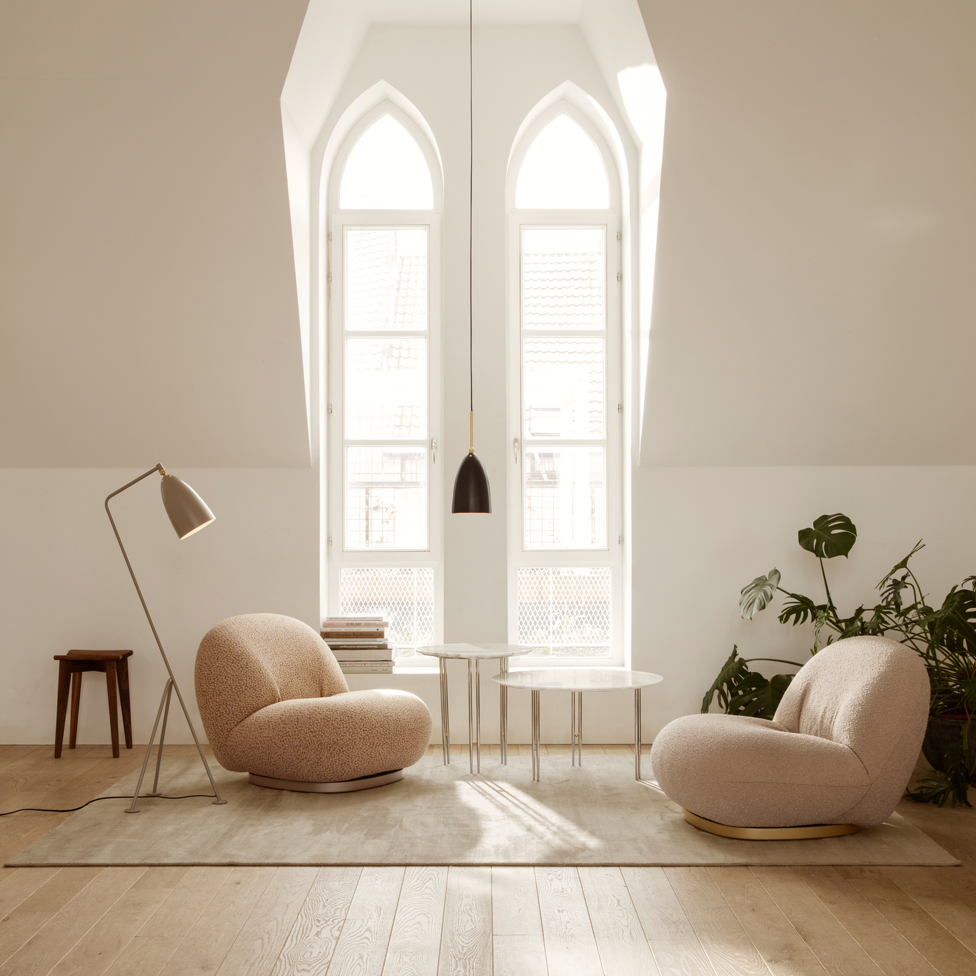 TrefleStool_GrashoppaFloorLamp_Pacha Lounge Chair by Pierre Paulin_GrashoppaPendant_IOICoffeeTable_On